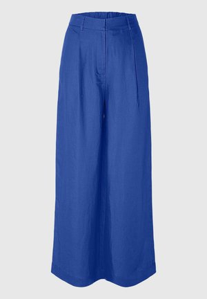 Vida byxor i ljusblått tyg, med hög midja, framveck, och slätt material för en avslappnad passform.