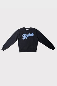 Black sweatshirt with a textured blue "Rebels" graphic across the chest. Features long sleeves and a classic crew neckline.