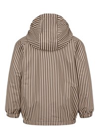 Veste de pluie rayée en beige et marron, avec une capuche, des poignets élastiques et une coupe décontractée. Le matériau est lisse et résistant à l'eau.