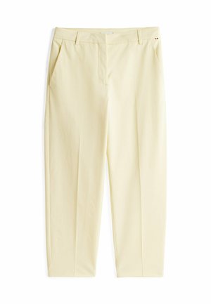 Hellegelbe Hose mit geradem Schnitt, seitlichen Taschen und vorderen Falten. Glatte Textur, maßgeschneiderte Passform und subtile Kontrastdetails.