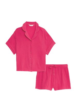 Rosa kortärmad knapp-up skjorta och matchande shorts gjorda av lätt, texturerad tyg med avslappnad passform och dragsko i midjan.