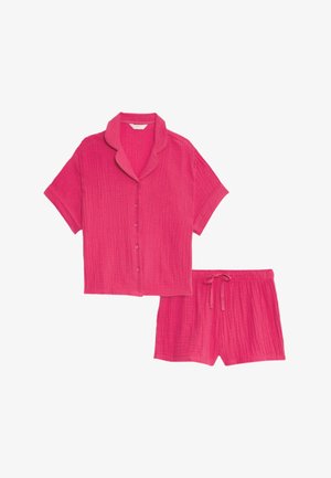 Lyserød kortærmet skjorte med knaplukning og matchende shorts lavet af letvægts, struktureret stof med en afslappet pasform og snøre i taljen.