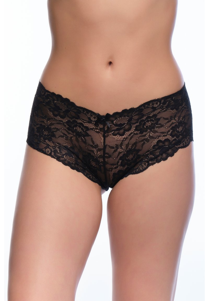 Mutande boyshort in pizzo nero con motivi floreali, bordi a onde e un piccolo fiocco dettagliato davanti. Texture morbida e delicata.