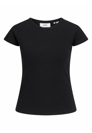 Black short-sleeve t-shirt with a crew neckline, made of ribbed fabric. Features a tag with "JJXX" brand label at the neck.