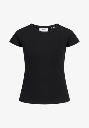 Black short-sleeve t-shirt with a crew neckline, made of ribbed fabric. Features a tag with "JJXX" brand label at the neck.