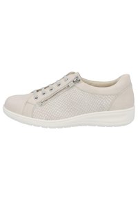 Light gray sneaker made of leather with a textured mesh panel, featuring a side zipper, round toe, and a cushioned white sole.