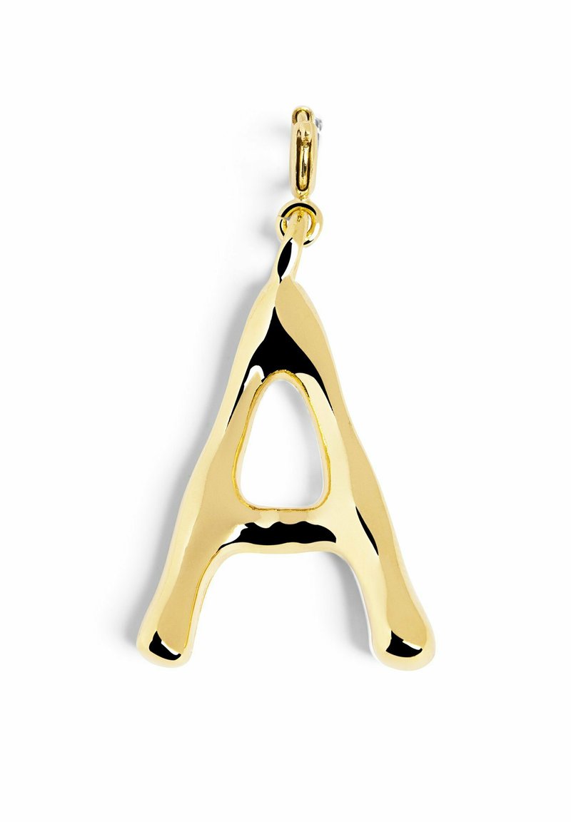 Guldtonad metallpendel formad som bokstaven "A", med en glänsande yta och en utskuren triangel i mitten.