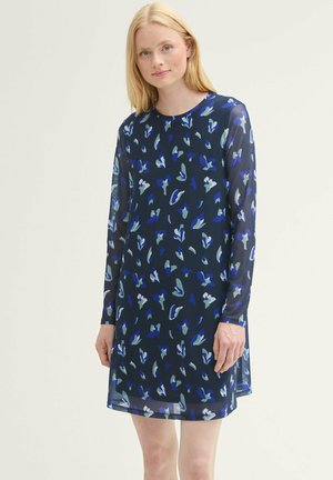 Navyblaues Kleid mit langen, transparenten Ärmeln, die ein florales Muster in Hellblau, Grün und Weiß zeigen. Glatter, leichter Stoff.