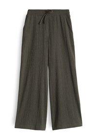 Kalhoty s širokými nohavicemi vyrobené z texturované tmavozelené látky s elastickým pasem a detaily na stažení. Disponují předními kapsami a uvolněným střihem.