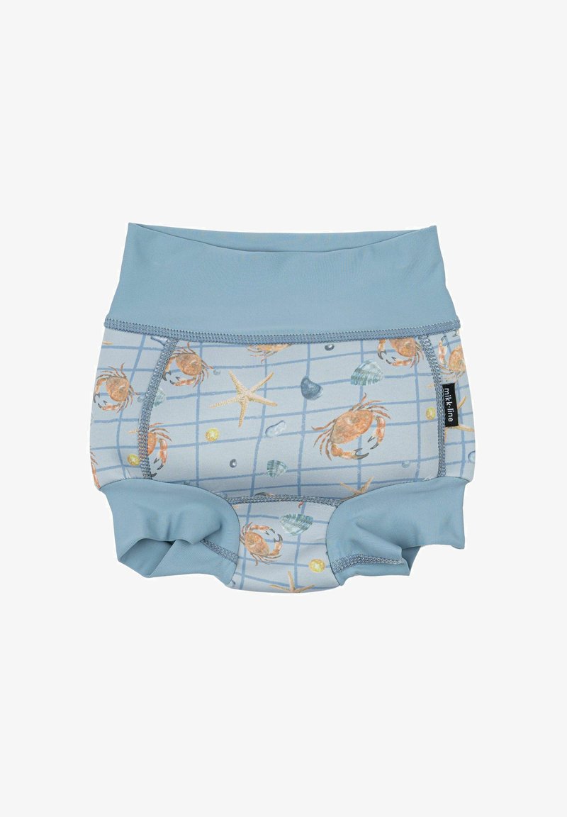 Wiederverwendbare Schwimmwindel in Hellblau mit Krabben- und Muschel-Muster. Weicher Stoff mit elastischem Bund und Beinausschnitten für Komfort.