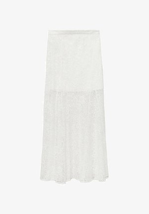 Gonna maxi bianca in pizzo con motivi floreali discreti, tessuto semi-trasparente e silhouette a A. Vita elastica per il massimo comfort.