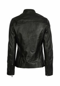 Black leather jacket with a fitted design, high collar, and zipper accents on sleeves. Smooth texture and minimalistic seam detailing.