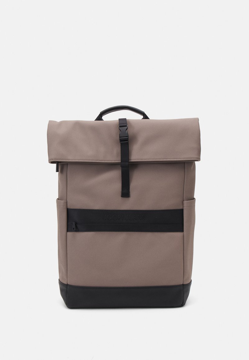Brown polyester backpack with a roll-top closure, black straps, and a front zip pocket. Smooth texture with a solid color design.