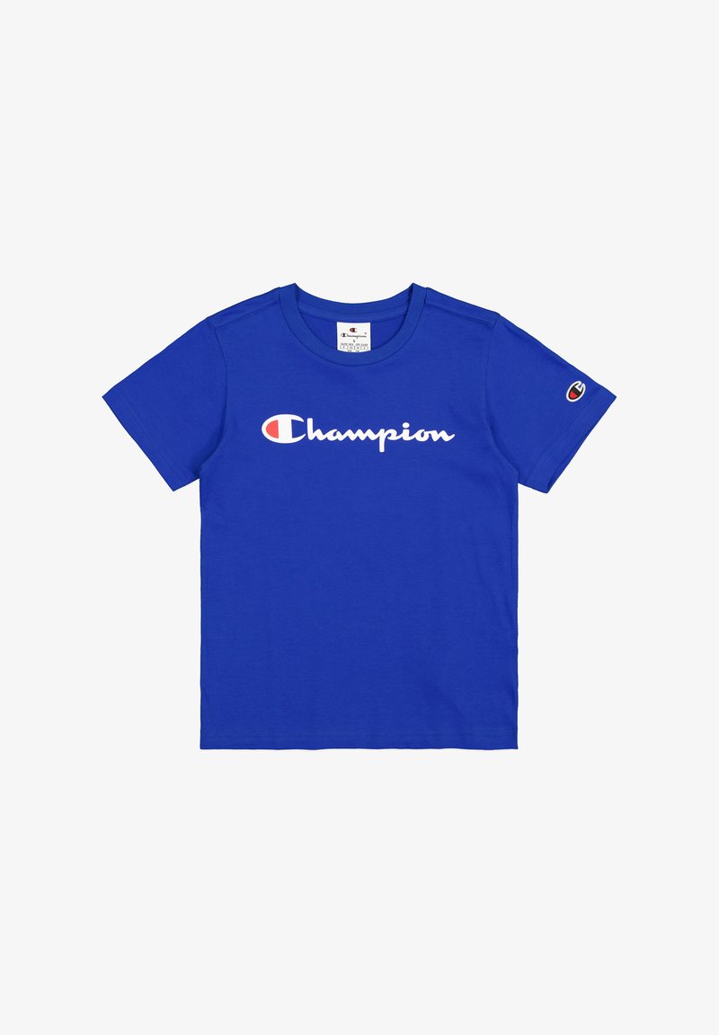 Camiseta de algodón azul con un gran logo blanco de "Champion" y una pequeña etiqueta de marca en la manga izquierda. Diseño de mangas cortas y cuello redondo.