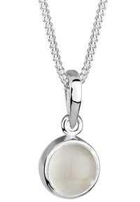 Silver necklace featuring a circular white gemstone pendant, smooth surface, and a polished finish with a simple chain design.