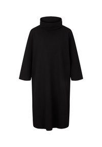 Robe midi noire à manches longues avec un col roulé haut et une coupe droite et ample.