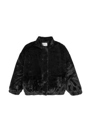 Manteau en fausse fourrure noire avec un col, coupe oversize et poignets côtelés, présentant une surface douce et texturée sans fermetures visibles.