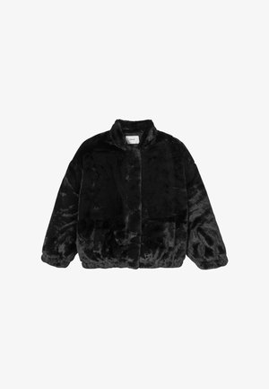 Manteau en fausse fourrure noire avec un col, coupe oversize et poignets côtelés, présentant une surface douce et texturée sans fermetures visibles.