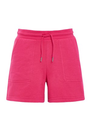 Shorts de mezcla de algodón rosa con una cinturilla elástica, cordón ajustable y dos bolsillos frontales. Textura suave y longitud a medio muslo.