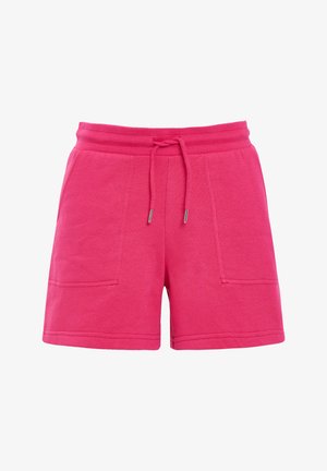 Shorts de mezcla de algodón rosa con una cinturilla elástica, cordón ajustable y dos bolsillos frontales. Textura suave y longitud a medio muslo.