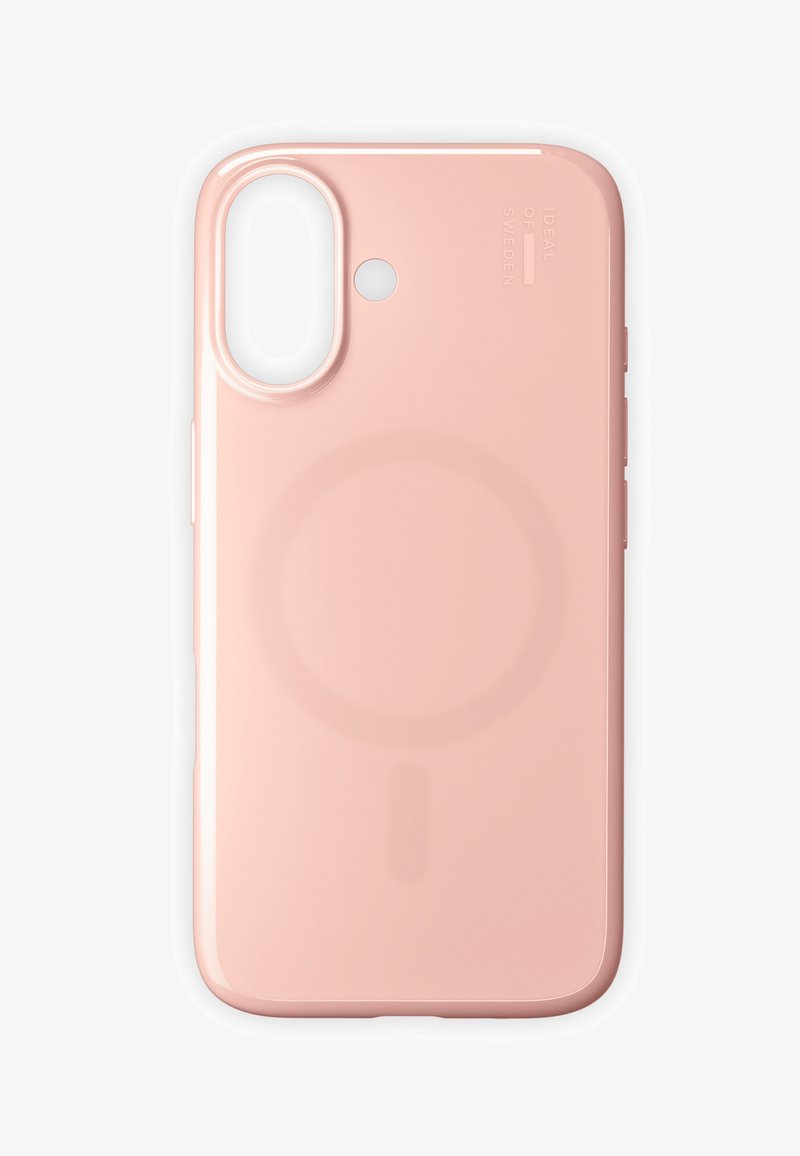 Coque de téléphone rose avec une finition brillante. Présente un design circulaire d'alignement MagSafe et une découpe pour l'appareil photo. Texture lisse sur toute la surface.