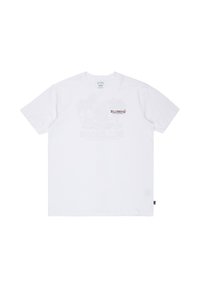 Weißes T-Shirt mit kurzen Ärmeln und kleinem roten Billabong-Logo auf der linken Brust sowie einem schwachen Grafikmotiv hinter dem Logo.