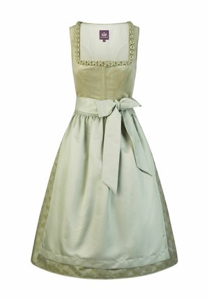 Lichtgroene traditionele dirndl-jurk met vierkante halslijn, decoratieve rand, rits aan de voorkant en een gestrikte schortstrik in de taille.