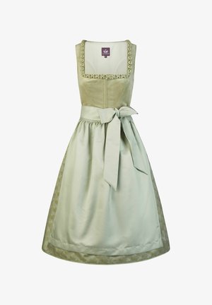 Lichtgroene traditionele dirndl-jurk met vierkante halslijn, decoratieve rand, rits aan de voorkant en een gestrikte schortstrik in de taille.