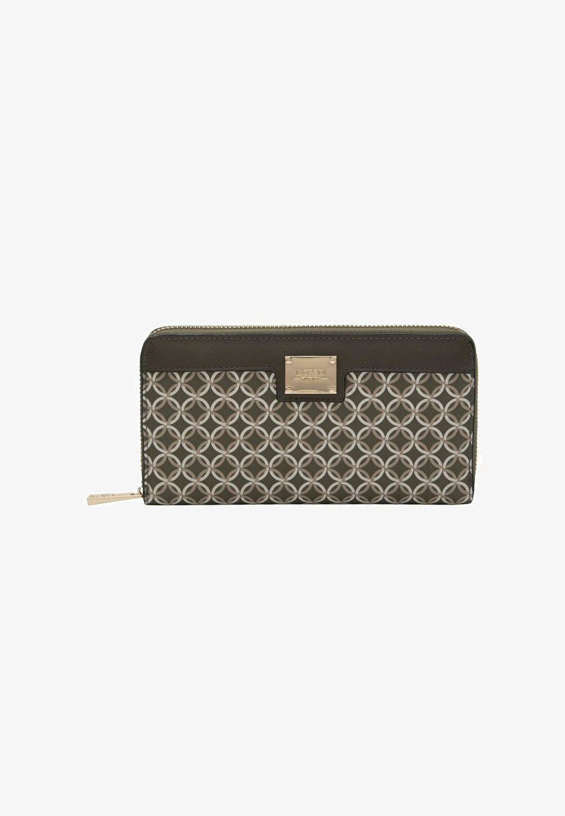 Zippered wallet in dark gray with a patterned design of interlocking circles. Features a metallic logo plate and textured accents.