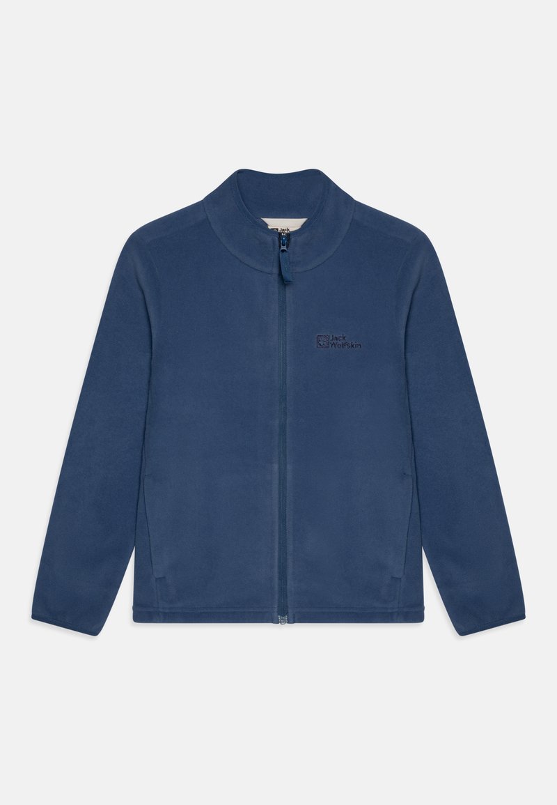 Giacca in pile blu navy con colletto alto, zip frontale, logo discreto e maniche lunghe. Texture liscia senza motivi o accenti visibili.