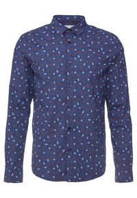 Koszula z długim rękawem w granatowym kolorze z motywem wielokolorowych liści. Zapięcie na guziki z klasycznym kołnierzykiem i guzikiem na mankietach.
