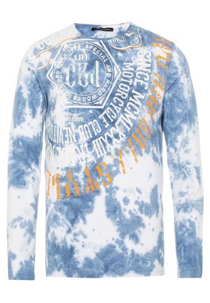 Langarm-T-Shirt im blauen und weißen Tie-Dye-Muster. Mit grafischem Text in Orange und Weiß, Rundhals und aus weichem Baumwollmaterial.