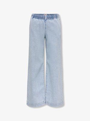 Lyseblå vide denim-bukser med elastisk midje og uten synlige lommer eller pynt.