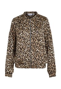 Giacca bomber con stampa leopardata, dotata di zip frontale, polsini elasticizzati e vestibilità ampia. I colori principali sono marrone, nero e crema.