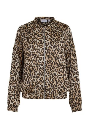 Bomberjacke mit Leopardenmuster, ausgestattet mit einem Reißverschluss vorne, elastischen Bündchen und einer lockeren Passform. Die Hauptfarben sind Braun, Schwarz und Creme.