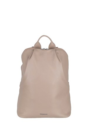 Beige leather backpack with a top handle and silver zipper, showing a smooth, slightly textured surface and minimal design.