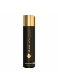 Black cylindrical bottle with gold accents, featuring vertical stripes and a droplet design; labeled "Sebastian Dark Oil" and "lightweight conditioner."