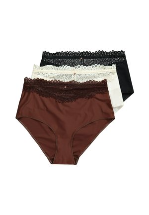 Set of three women's panties: brown, white, and black. Each has a lace waistband and a smooth fabric. Full-coverage design.