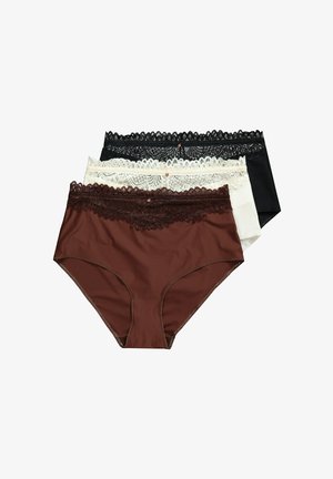 Set di tre paia di mutandine da donna: marroni, bianche e nere. Ognuna ha un bordo in pizzo e un tessuto liscio. Design a copertura completa.