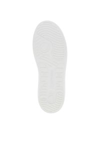 Semelle en caoutchouc blanc avec des motifs texturés, y compris des rainures et des accents circulaires, conçue pour l'adhérence et le confort.