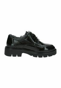 Scarpa in pelle verniciata nera con suola spessa, dotata di un morbido rivestimento in pelliccia grigia e lacci neri. Design elegante con punta arrotondata.