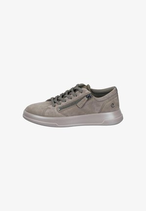 Light grey suede sneakers featuring a lace-up design, zippered side detail, and a textured rubber sole for grip.