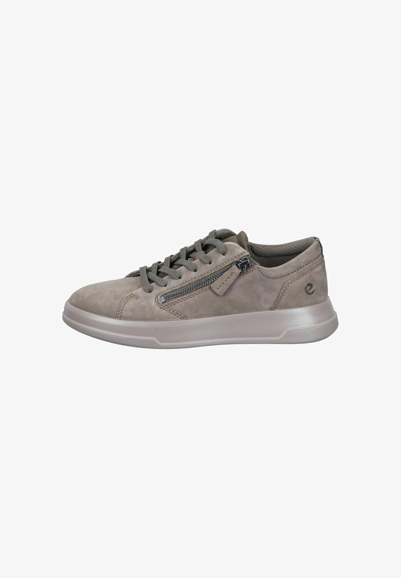 Light grey suede sneakers featuring a lace-up design, zippered side detail, and a textured rubber sole for grip.