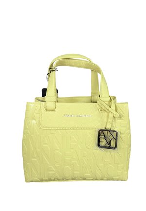 Bolso amarillo de Armani Exchange con nombre de marca en relieve, doble asa y un adorno cuadrado con el logotipo metálico en la parte delantera.