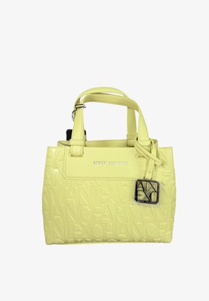 Bolso amarillo de Armani Exchange con nombre de marca en relieve, doble asa y un adorno cuadrado con el logotipo metálico en la parte delantera.