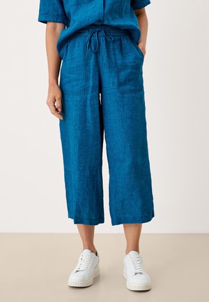 Person wearing blue wide-leg cropped pants with front pockets and white sneakers, standing against a plain background.