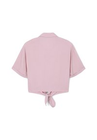 Blusa corta rosa chiaro a maniche corte con colletto, vestibilità crop e dettaglio con nodo sul retro.