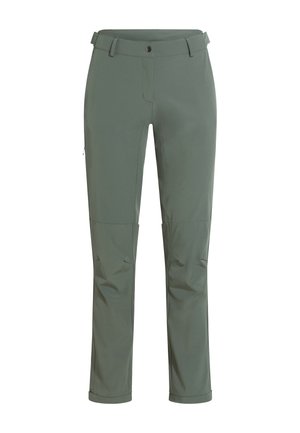Olivgrüne Slim-Fit-Hose mit Gürtelschlaufen, Knopfverschluss, Knieabnähern und seitlicher Reißverschlusstasche, auf weißem Hintergrund dargestellt.