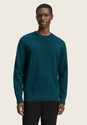 Teal gebreide trui met ronde hals en geribde manchetten. Zachte textuur en rechte pasvorm. Gemaakt met zwarte broek tegen een neutrale achtergrond.