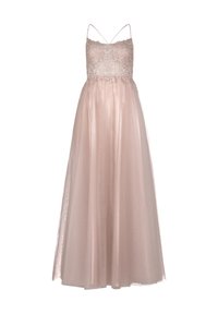 Sukienka maxi w delikatnym różu, z koronkowym bodicem z misternymi haftami, cienkimi ramiączkami i zwiewnym, przezroczystym dołem.